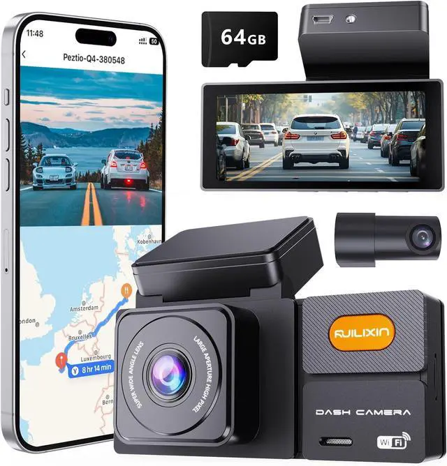 Main image of Dash Cam Front and Rear, 3.69 IPS Display Car Camera, 4K UHD +1080P Dual Dash, 64GB SD Card, Wi-Fi & App Control, Built-in GPS, Night Vision, 24H Parking Mode, Loop RecordingG-Sensor
