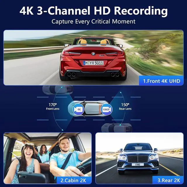 Alt view image 2 of 7 - Dash Cam Front and Rear, 3.69 IPS Display Car Camera, 4K UHD +1080P Dual Dash, 64GB SD Card, Wi-Fi & App Control, Built-in GPS, Night Vision, 24H Parking Mode, Loop RecordingG-Sensor
