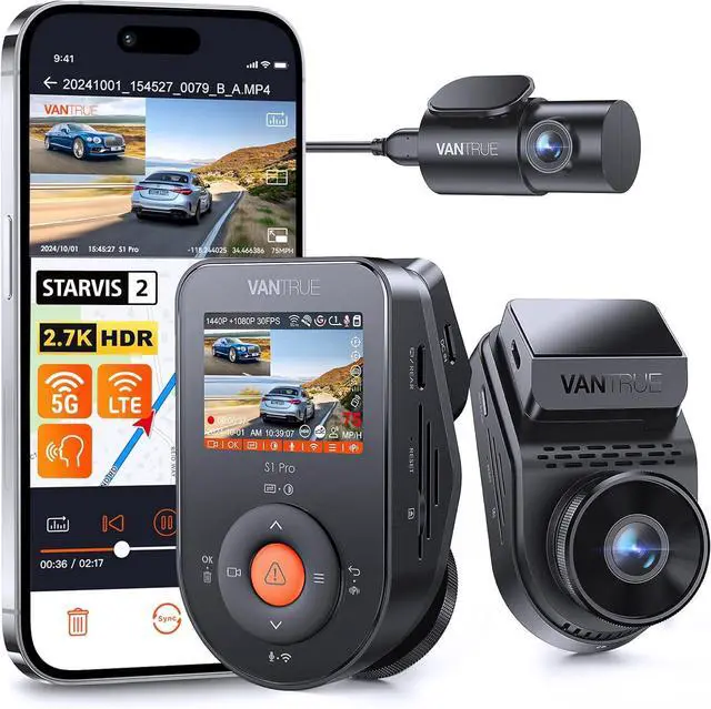 Main image of Vantrue S1 Pro Dual Dash Cam Front and Rear, 1440P/60FPS Dash Camera w/2.7K, STARVIS 2, HDR Night Vision, 5G WiFi, Optional Remote Live View, GPS, Voice Control,24/7 Parking Mode, Support 512GB Max