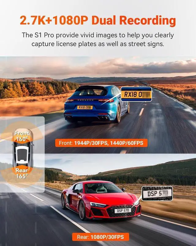 Alt view image 2 of 7 - Vantrue S1 Pro Dual Dash Cam Front and Rear, 1440P/60FPS Dash Camera w/2.7K, STARVIS 2, HDR Night Vision, 5G WiFi, Optional Remote Live View, GPS, Voice Control,24/7 Parking Mode, Support 512GB Max