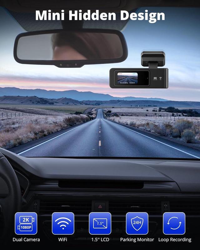 Alt view image 2 of 7 - Kingslim Dash Cam Front and Rear 2K+1080P, Mini WiFi Dash Camera for Cars Dual Dashcam Parking Monitor, Loop Recording, Car Camera Support Max 256GB (E2PRO)
