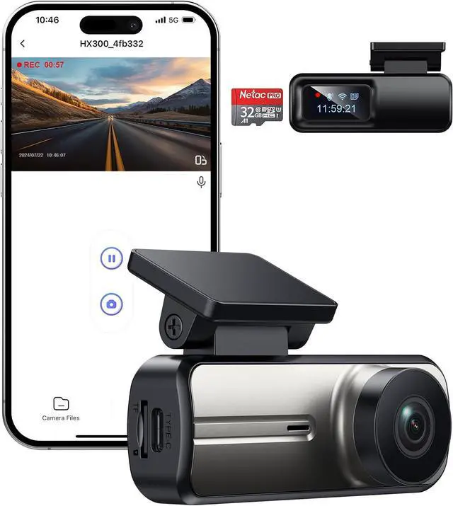 Main image of Dash Cam Front, WiFi FHD 1080P Car Camera with 32G SD Card, Mini Dash cam for Cars with Night Vision, WDR, 160° Wide Angle, Loop Recording, G-Sensor, APP, 24 Hours Parking Mode Supports