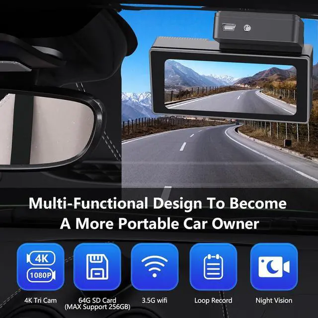 Alt view image 6 of 7 - Dash Cam Front and Rear, 3.69 IPS Display Car Camera, 4K UHD +1080P Dual Dash, 64GB SD Card, Wi-Fi & App Control, Built-in GPS, Night Vision, 24H Parking Mode, Loop RecordingG-Sensor