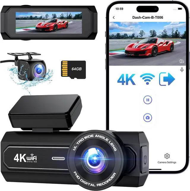Main image of 4K Dash Cam Front and Rear, Otovoda WiFi Dash Camera for Cars with App, UHD 2160P Night Vision, 2.99" IPS Screen, Dashcam with 64GB Card, 24H Parking Mode, WDR