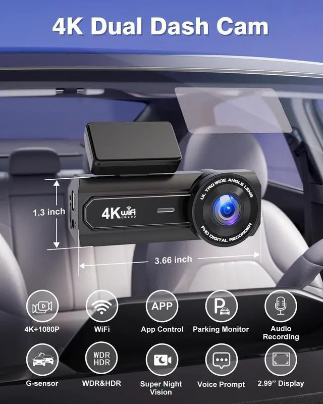 Alt view image 2 of 7 - 4K Dash Cam Front and Rear, Otovoda WiFi Dash Camera for Cars with App, UHD 2160P Night Vision, 2.99" IPS Screen, Dashcam with 64GB Card, 24H Parking Mode, WDR