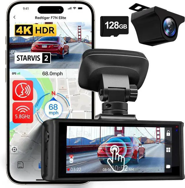 Main image of REDTIGER 4K HDR Dash Cam Front and Rear, STARVIS 2 Sensor, 5.8GHz WiFi APP, 3.18" Touchscreen, Voice Control, 128G Card Included, WDR, Dash Camera for Cars with GPS, 24H Parking Mode(F7N Elite)
