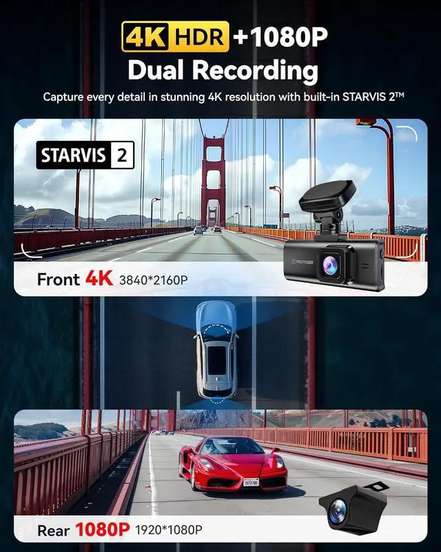 Alt view image 2 of 7 - REDTIGER 4K HDR Dash Cam Front and Rear, STARVIS 2 Sensor, 5.8GHz WiFi APP, 3.18" Touchscreen, Voice Control, 128G Card Included, WDR, Dash Camera for Cars with GPS, 24H Parking Mode(F7N Elite)