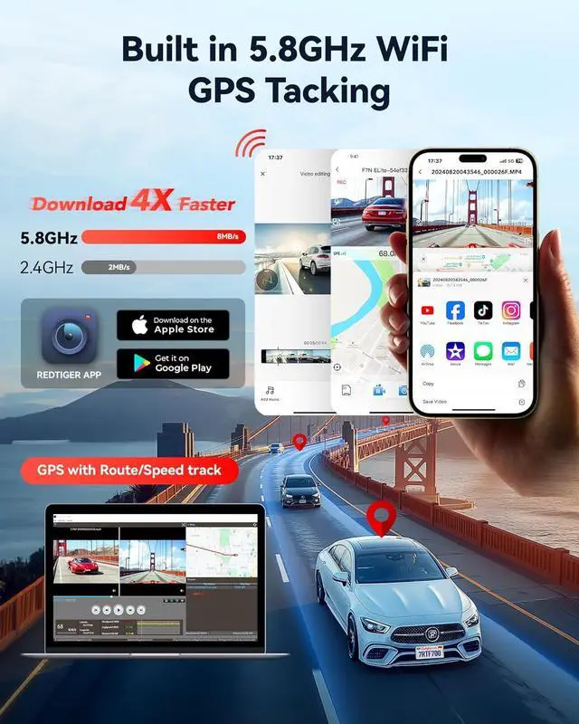 Alt view image 4 of 7 - REDTIGER 4K HDR Dash Cam Front and Rear, STARVIS 2 Sensor, 5.8GHz WiFi APP, 3.18" Touchscreen, Voice Control, 128G Card Included, WDR, Dash Camera for Cars with GPS, 24H Parking Mode(F7N Elite)