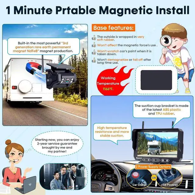 Alt view image 2 of 7 - Magnetic Solar Wireless Backup Camera: 7" Portable 1 Min Easy Install Scratch-Proof No Delay Backup Camera for Truck Rechargeable HD 1080P for Trailer Small RV Camper Pemacom P15