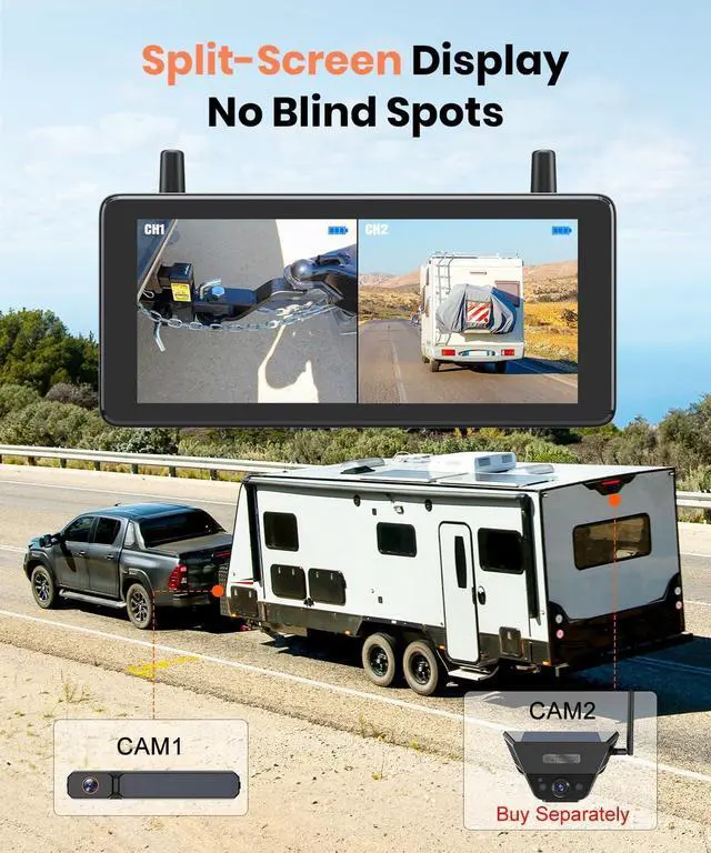 Alt view image 6 of 7 - 7.2" DVR Portable Solar Wireless Backup Camera:HD 1080P 2 Min Quick Installation Support 2 Split Screen Back up Camera, IP69K Waterproof Reverse Camera for Car, Van, SUV, Truck, Trailer