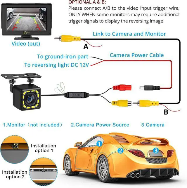 Alt view image 5 of 7 - Car Backup Camera, Rear View Camera Ultra HD 12 LED Night Vision,Waterproof Reverse Camera 140° Wide View Angel with Multiple Mount Brackets for Universal Cars,SUV,Trucks,RV and More