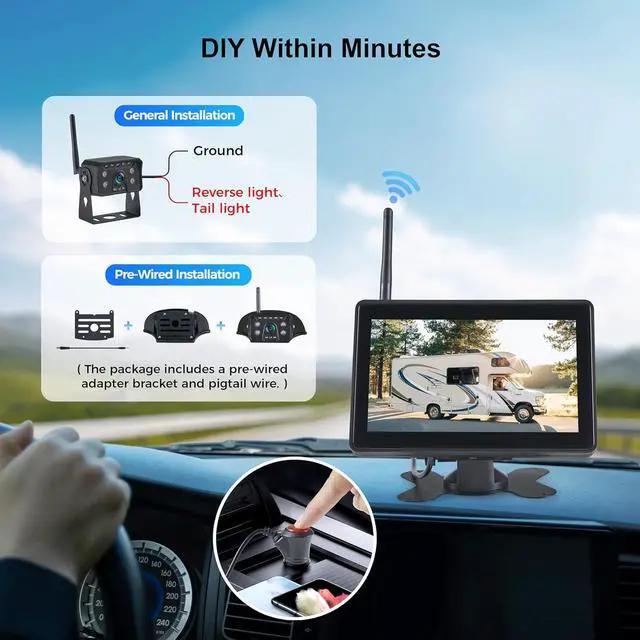 Alt view image 2 of 7 - Wireless RV Backup Camera System for Trailer Truck Camper, 7'' HD Touch Screen Monitor with 1080P Rear View Camera, Blind Spot Detection Loop Recording IP69 Waterproof IR Night Vision