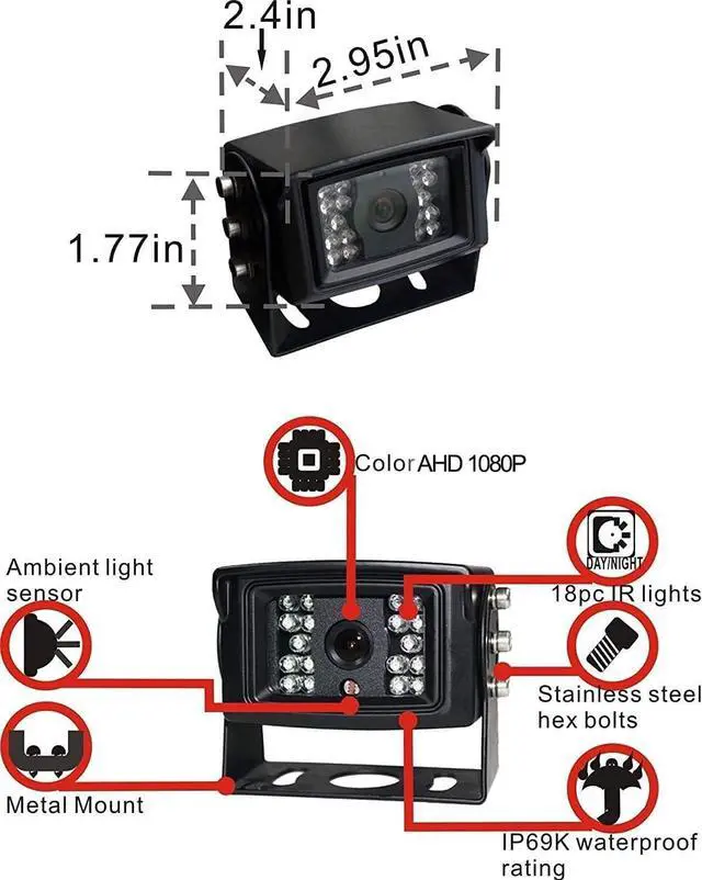 Alt view image 5 of 7 - AHD 1080P 7" Reverse Rear View Backup Camera System, Camera with Night Vision Waterproof IP69K Vibration-Proof 10G for Tractor/Truck/Bus/Motorhome/Excavator/Caravan/Skid Steer/Harvester