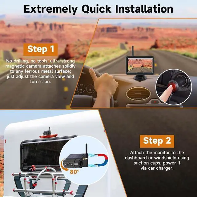 Alt view image 2 of 7 - Magnetic Solar Wireless Backup Camera with 5 HD Monitor No Wiring Rechargeable Battery IP68 IR Night Vision Rearview Camera System for Car RV Truck 5th Wheels Skid Steer Horse Trailer Hitch Camera