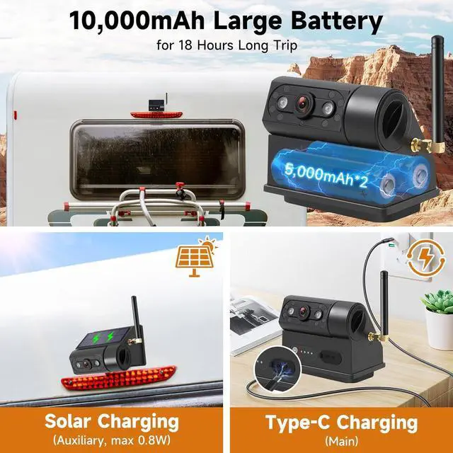 Alt view image 3 of 7 - Magnetic Solar Wireless Backup Camera with 5 HD Monitor No Wiring Rechargeable Battery IP68 IR Night Vision Rearview Camera System for Car RV Truck 5th Wheels Skid Steer Horse Trailer Hitch Camera