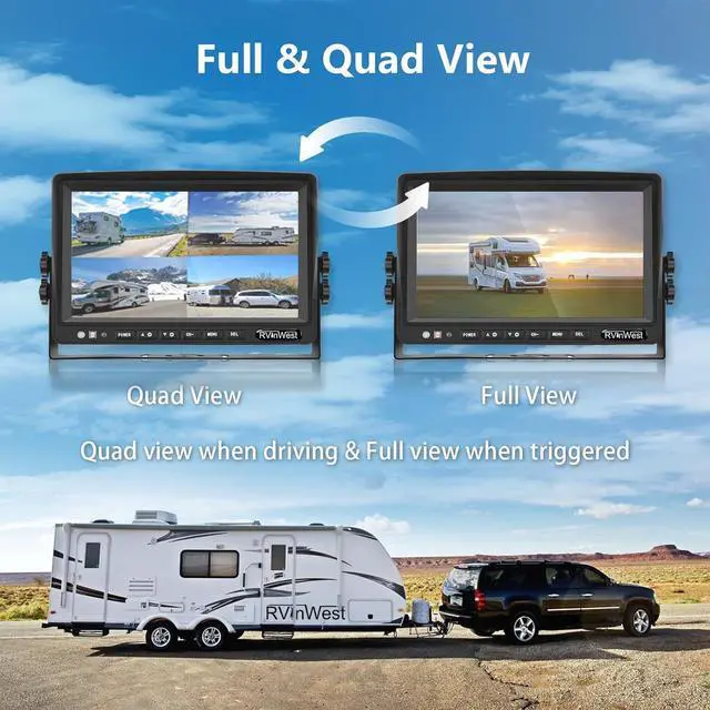Alt view image 2 of 7 - Backup Camera System with 9'' 1080P Monitor Wired for RV Truck Trailer Camper Bus, 4 Split Screen Quad View HD DVR Record Monitor + IP69 Waterproof 360° View Night Vision Rear Side Camera