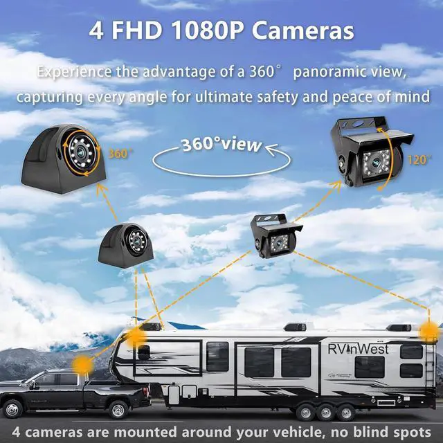 Alt view image 3 of 7 - Backup Camera System with 9'' 1080P Monitor Wired for RV Truck Trailer Camper Bus, 4 Split Screen Quad View HD DVR Record Monitor + IP69 Waterproof 360° View Night Vision Rear Side Camera
