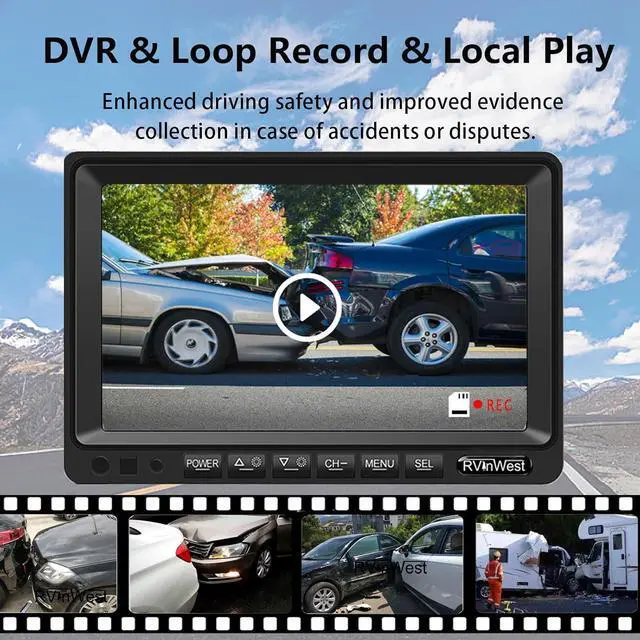 Alt view image 5 of 7 - Backup Camera System with 9'' 1080P Monitor Wired for RV Truck Trailer Camper Bus, 4 Split Screen Quad View HD DVR Record Monitor + IP69 Waterproof 360° View Night Vision Rear Side Camera