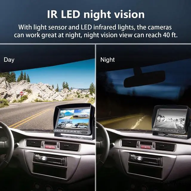 Alt view image 7 of 7 - Backup Camera System with 9'' 1080P Monitor Wired for RV Truck Trailer Camper Bus, 4 Split Screen Quad View HD DVR Record Monitor + IP69 Waterproof 360° View Night Vision Rear Side Camera