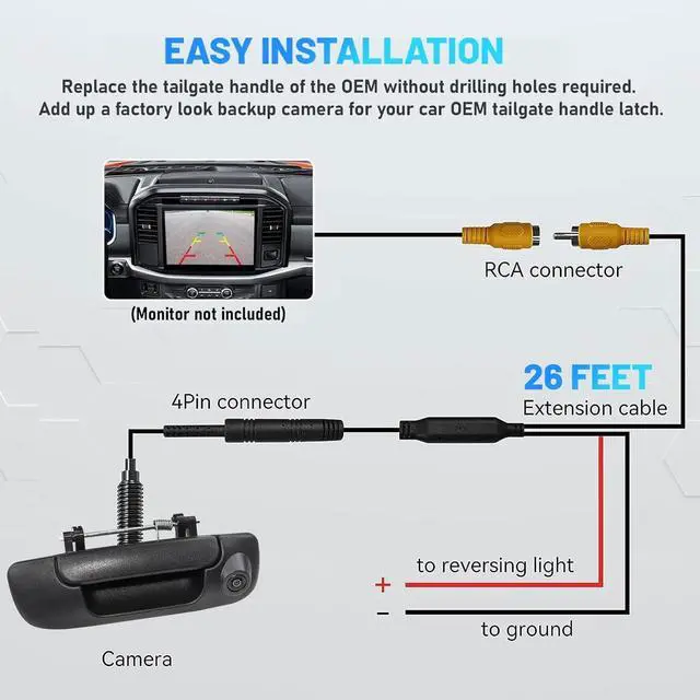 Alt view image 7 of 7 - EWAY Tailgate Handle Backup Camera for 2002-2008 Dodge RAM 1500 2500 3500 Tailgate Latch Door Handle Aftermarket Reverse Reversing Back Up Rear View Camera RCA Connector w/ 26FT Extension Harness