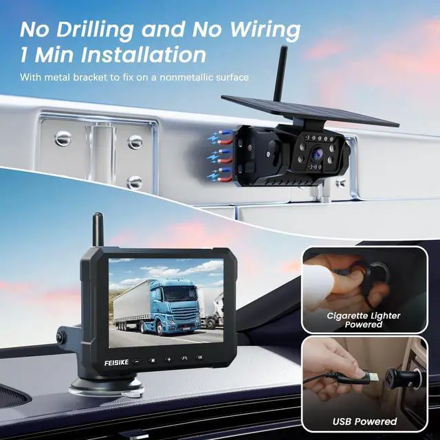Alt view image 2 of 7 - Magnetic Solar Wireless Backup Camera for Truck, 5 Inch No-Drill Installation RV Backup Camera, 1080P Rear View Camera 150° Wide Angle, 24hrs Battery Life, 2.4Hz Signal, Night Vision, RVs, Trailers