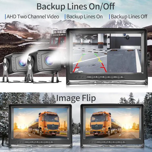 Alt view image 2 of 7 - Dual RV Backup Camera System 1080P, Hodozzy 9 Inch AHD Reversing Camera Monitor Wired IP69 Waterproof Full Color Night Vision Loop Recording Car Reversing Rear View Camera for Truck/Trailer/RV 12-35V