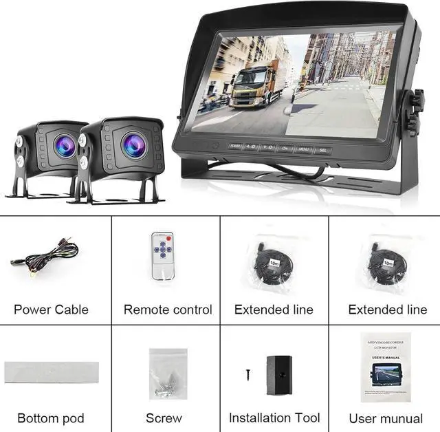 Alt view image 7 of 7 - Dual RV Backup Camera System 1080P, Hodozzy 9 Inch AHD Reversing Camera Monitor Wired IP69 Waterproof Full Color Night Vision Loop Recording Car Reversing Rear View Camera for Truck/Trailer/RV 12-35V