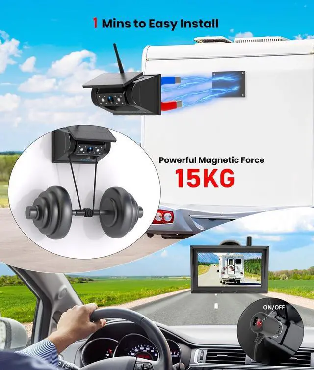 Alt view image 3 of 7 - Solar Wireless Magnetic Backup Camera for Truck: 5" 1080P Recording Monitor Portable Trailer Rear View Camera, 1Mins DIY Install & Long Battery Life IR Night Vision RV Camera for Camper-S3