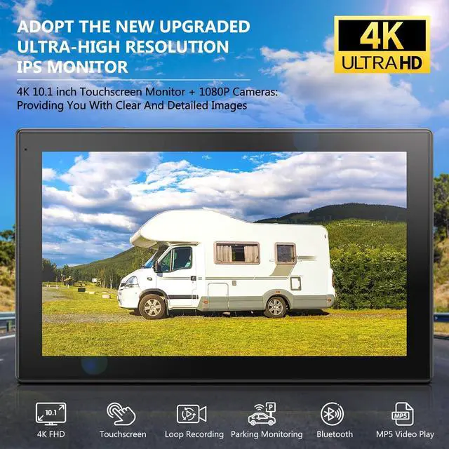 Alt view image 2 of 7 - 4K RV Backup Camera System 10.1" Quad Split Touchscreen Monitor 4 1080P HD Rear Side View Cameras DVR Recording Bluetooth Music USB Video Play IP69 Waterproof Night Vision for RV Truck Trailer