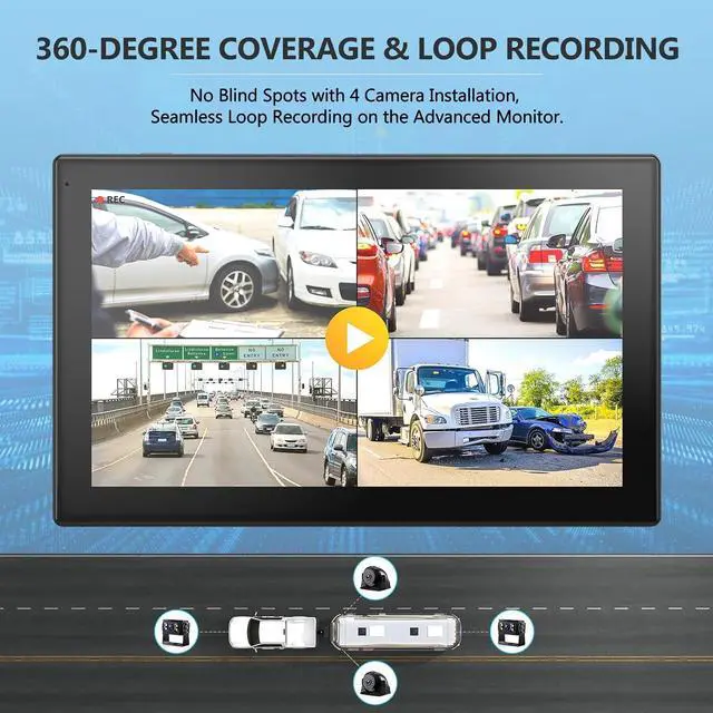 Alt view image 3 of 7 - 4K RV Backup Camera System 10.1" Quad Split Touchscreen Monitor 4 1080P HD Rear Side View Cameras DVR Recording Bluetooth Music USB Video Play IP69 Waterproof Night Vision for RV Truck Trailer