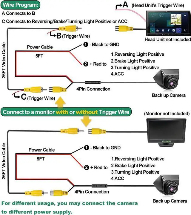 Alt view image 7 of 7 - Car Backup Camera with Dynamic Trajectory Guide Line, GreenYi HD 960x720 Reverse Rear/Front/Side View Cam, Adjustable Fisheye Lens, Waterproof Night Vision 170 Degree Wide View(Black)