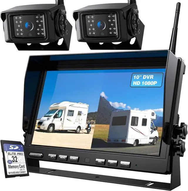 Main image of 10'' 1080P Wireless Backup Camera System, 10 Inch DVR Dual/Quad Monitor Wireless 2 Rear View Cameras for RV/Truck/Trailer/Camper, IP69 Waterproof Digital Signal Recording System-BW102