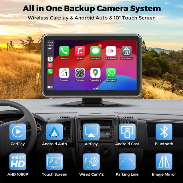 Alt view image 2 of 7 - 2 HD1080P Backup Camera Dash Cam System for Trucks, RVs, Trailers, Carplay & Android Auto, 4 Channel, 10'' Touch Screen Monitor, Wired Rearview Reverse Cameras with Night Vision, IP68-rated