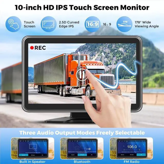 Alt view image 4 of 7 - 2 HD1080P Backup Camera Dash Cam System for Trucks, RVs, Trailers, Carplay & Android Auto, 4 Channel, 10'' Touch Screen Monitor, Wired Rearview Reverse Cameras with Night Vision, IP68-rated