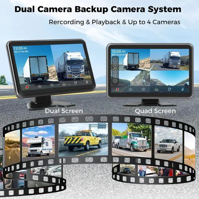 Alt view image 5 of 7 - 2 HD1080P Backup Camera Dash Cam System for Trucks, RVs, Trailers, Carplay & Android Auto, 4 Channel, 10'' Touch Screen Monitor, Wired Rearview Reverse Cameras with Night Vision, IP68-rated