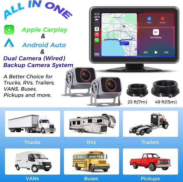 Alt view image 7 of 7 - 2 HD1080P Backup Camera Dash Cam System for Trucks, RVs, Trailers, Carplay & Android Auto, 4 Channel, 10'' Touch Screen Monitor, Wired Rearview Reverse Cameras with Night Vision, IP68-rated