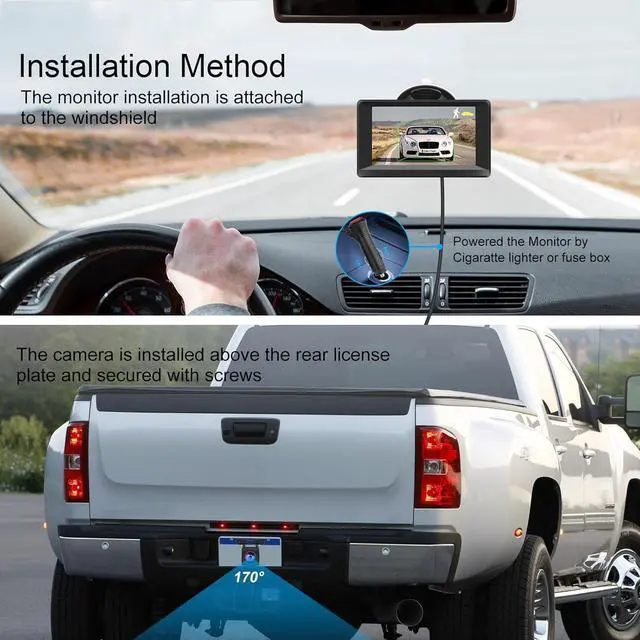 Alt view image 4 of 7 - Vehicle Backup Cameras Wired with 4.3 Inch Monitor HD 1080P No Delay Clear Night Vision Rear License Plate Reverse Camera 170 Degrees BSD Blind Spots Detection Beep Reminder for Car Truck SUV Pickup