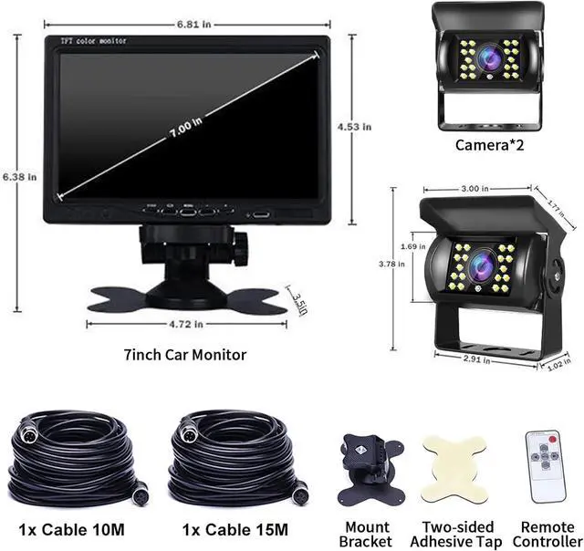Alt view image 7 of 7 - Hodozzy Dual Backup Camera Kit with 7 Inch LCD Monitor & 2 Backup Cameras Reversing, IP68 Waterproof, 18IR Night Vision, Rear View Camera 4-Pin Cable for Car Truck/Trailer/Bus/Van/Caravan (12V-24V)