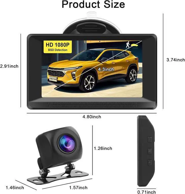 Alt view image 6 of 7 - HD Backup Cameras for Cars Rear License Plate Reverse Camera with 4.3 Inch Monitor 1080P BSD Human Motion Detection Portable for Pickup Truck SUV 170° Wide View Angle Night Vision IP69K Waterproof