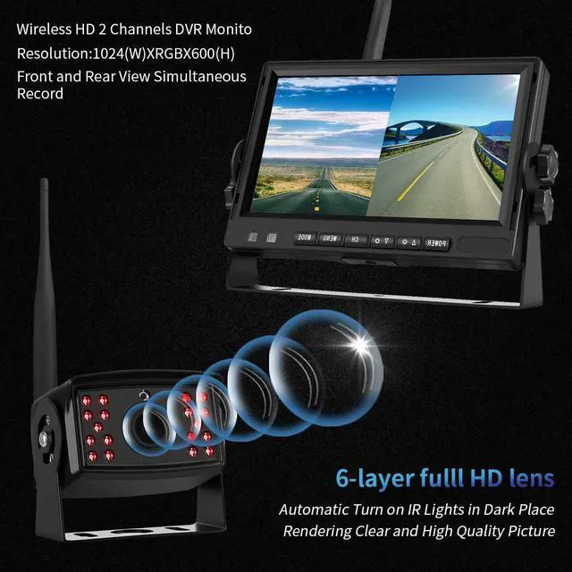 Alt view image 2 of 7 - Backup Camera for Truck, Wireless Digital Backup Camera System Trailer 12 Volt Wireless Camera Kit 7 Inch Monitor DVR AHD Video Recording (Rear & Front View Camera) for RV Camper Van 12V-24V