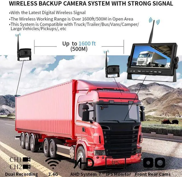 Alt view image 3 of 7 - Backup Camera for Truck, Wireless Digital Backup Camera System Trailer 12 Volt Wireless Camera Kit 7 Inch Monitor DVR AHD Video Recording (Rear & Front View Camera) for RV Camper Van 12V-24V