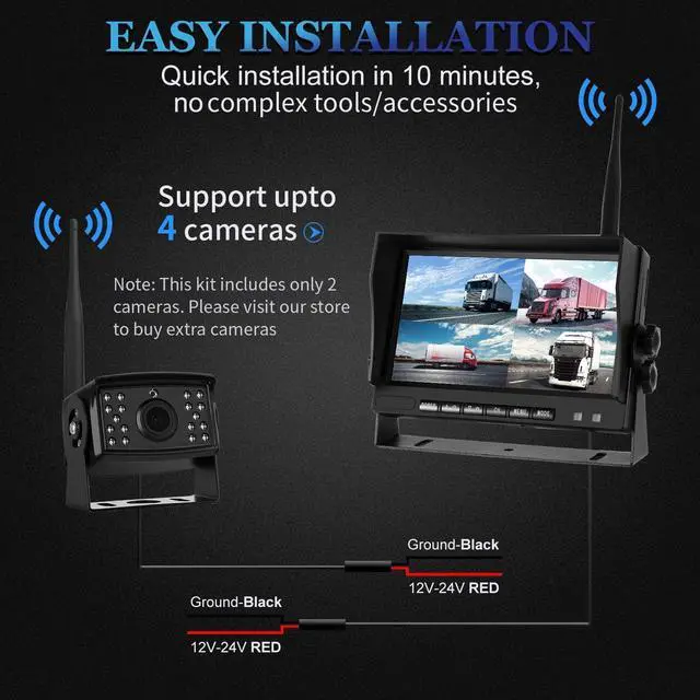 Alt view image 6 of 7 - Backup Camera for Truck, Wireless Digital Backup Camera System Trailer 12 Volt Wireless Camera Kit 7 Inch Monitor DVR AHD Video Recording (Rear & Front View Camera) for RV Camper Van 12V-24V