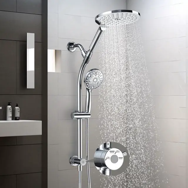 Main image of 7.5 Rotatable Dual Shower Head with Handheld Combo Kids Friendly Low 3-Way Diverter Adjustable Slide Bar for Whole Family Use Enjoy High Pressure Rainfall Spa Shower Polished Chrome Finish