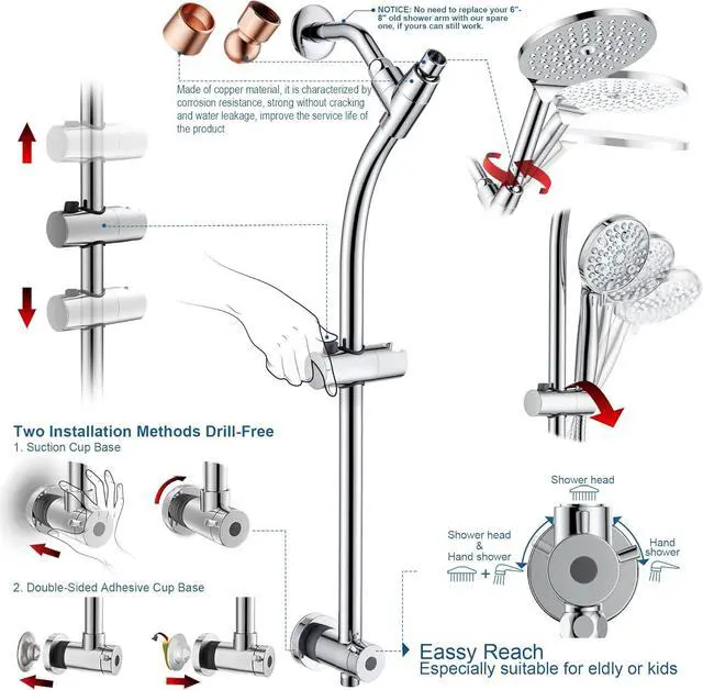 Alt view image 2 of 7 - 7.5 Rotatable Dual Shower Head with Handheld Combo Kids Friendly Low 3-Way Diverter Adjustable Slide Bar for Whole Family Use Enjoy High Pressure Rainfall Spa Shower Polished Chrome Finish