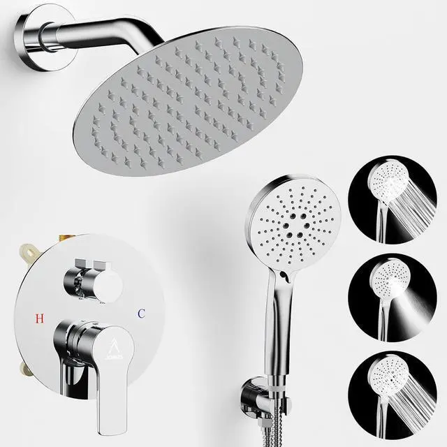 Main image of Shower Faucet Set 8IN Brass Rough-In Valve Body Trim Kit Rainfall Included Handle Accessories Complete 2 Functions with Rain Head and Handheld Bathroom Systems (8, Chrome Polished)