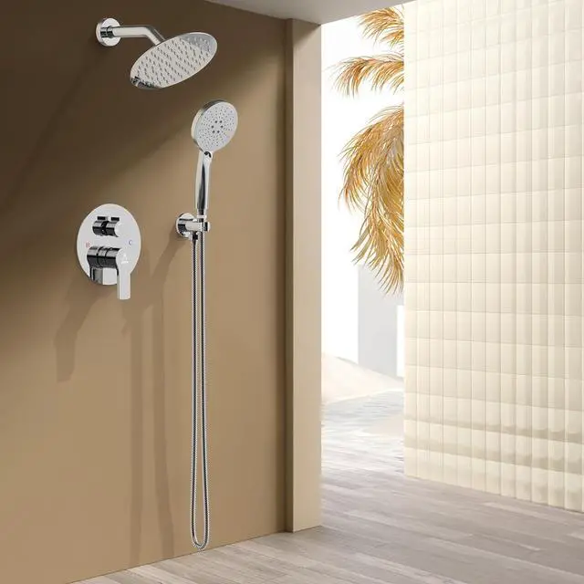 Alt view image 2 of 7 - Shower Faucet Set 8IN Brass Rough-In Valve Body Trim Kit Rainfall Included Handle Accessories Complete 2 Functions with Rain Head and Handheld Bathroom Systems (8, Chrome Polished)