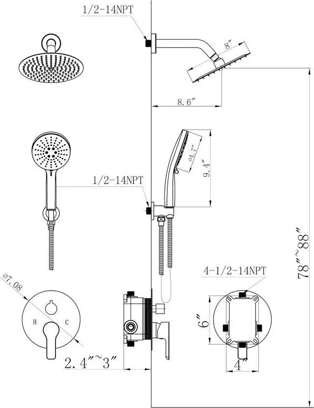 Alt view image 3 of 7 - Shower Faucet Set 8IN Brass Rough-In Valve Body Trim Kit Rainfall Included Handle Accessories Complete 2 Functions with Rain Head and Handheld Bathroom Systems (8, Chrome Polished)