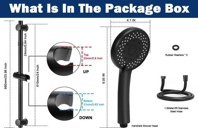 Alt view image 3 of 7 - 5-Setting High Pressure Handheld Shower Head Combo, NearMoon Multi-functions Powerful Spray Handheld Showerhead Combo (with Slide Bar and 60 Stainless Steel Hose, Matte Black)