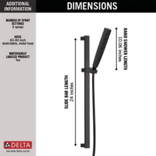 Alt view image 3 of 7 - Delta Faucet Single-Spray H2Okinetic Slide Bar Hand Held Shower with Hose, Black Handheld Shower Head, Slide Bar Hand Shower, Handheld Shower, Detachable Shower Head, Matte Black 51567-BL