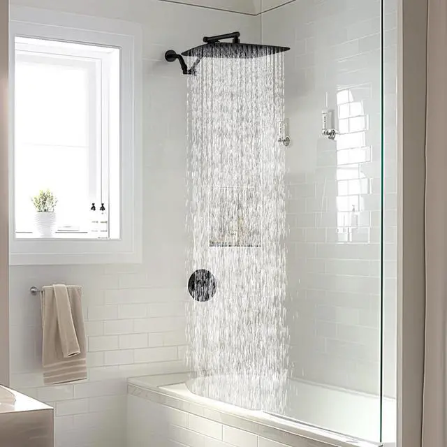 Alt view image 2 of 7 - G-Promise All Metal 14 Inch Rain Shower Head with 16 Inch Adjustable Extension Arm | High Pressure Rainfall Showerhead | Luxury Modern Look Rectangular Large Waterfall Showerhead (Matte Black)